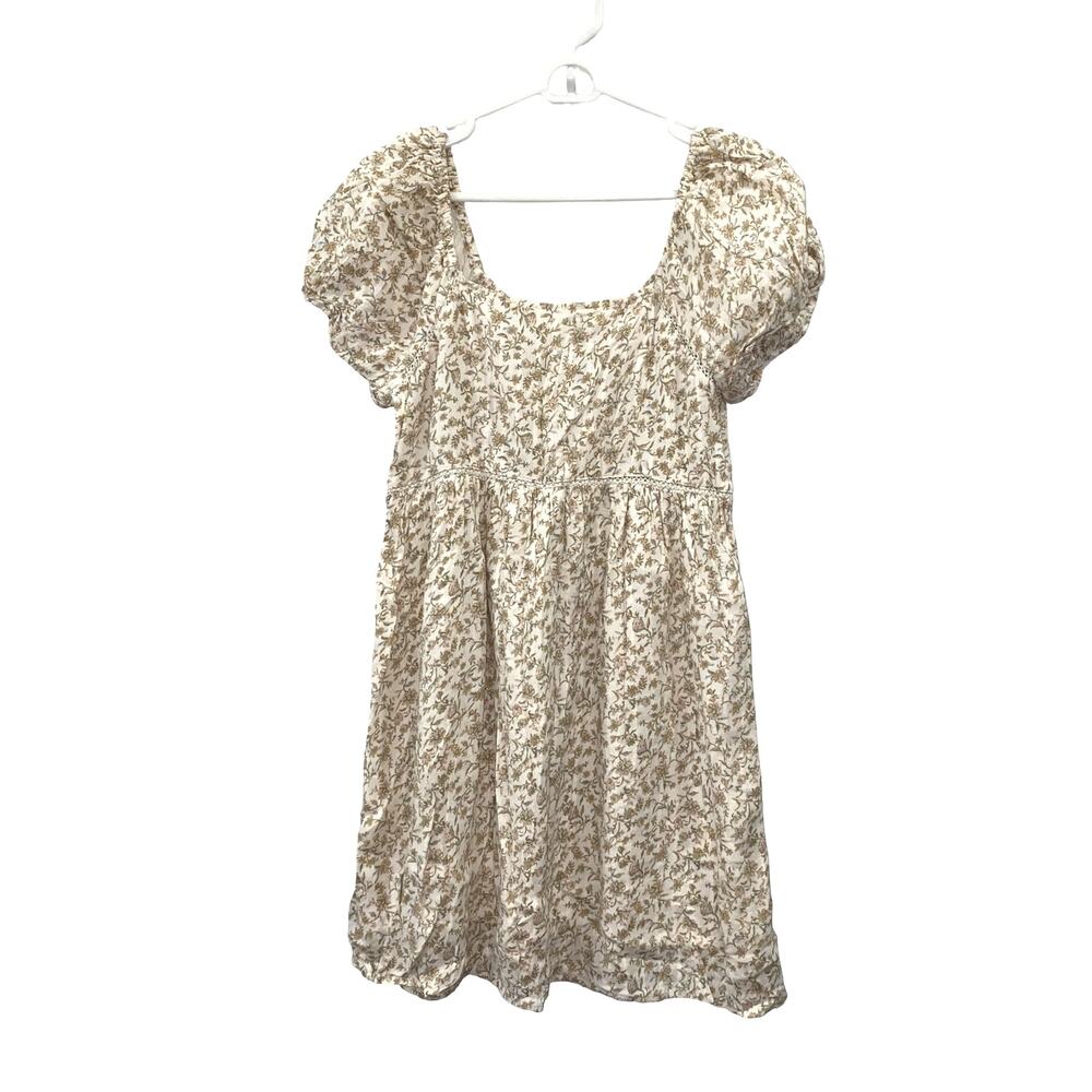 American Eagle Floral Puff Sleeve Mini Dress Cream Beige Cotton Boho Size Small